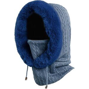 Women Navy Polyester Warm Thick Fluff Beanie Adult Neck Face Winter Balaclava